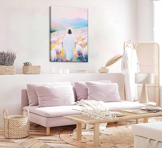 Pink Jesus Canvas Wall Art Christian Jesus And Lamb Shepherd Bible Stories Painting Picture Religious Beliefs Poster Print Artwork for Living Room Bedroom Church Home Decoration