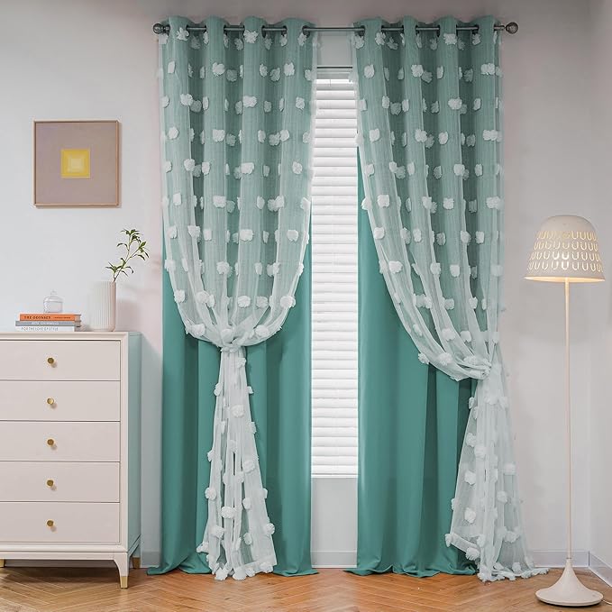 MYSKY HOME 90 Inches Long Teal Curtains for Living Room Nursery Curtains for Bedroom Double Layer Curtains White Pom Pom Sheer Curtains for Dining Room Grommet Room Darkening Window Panels W52 X L90