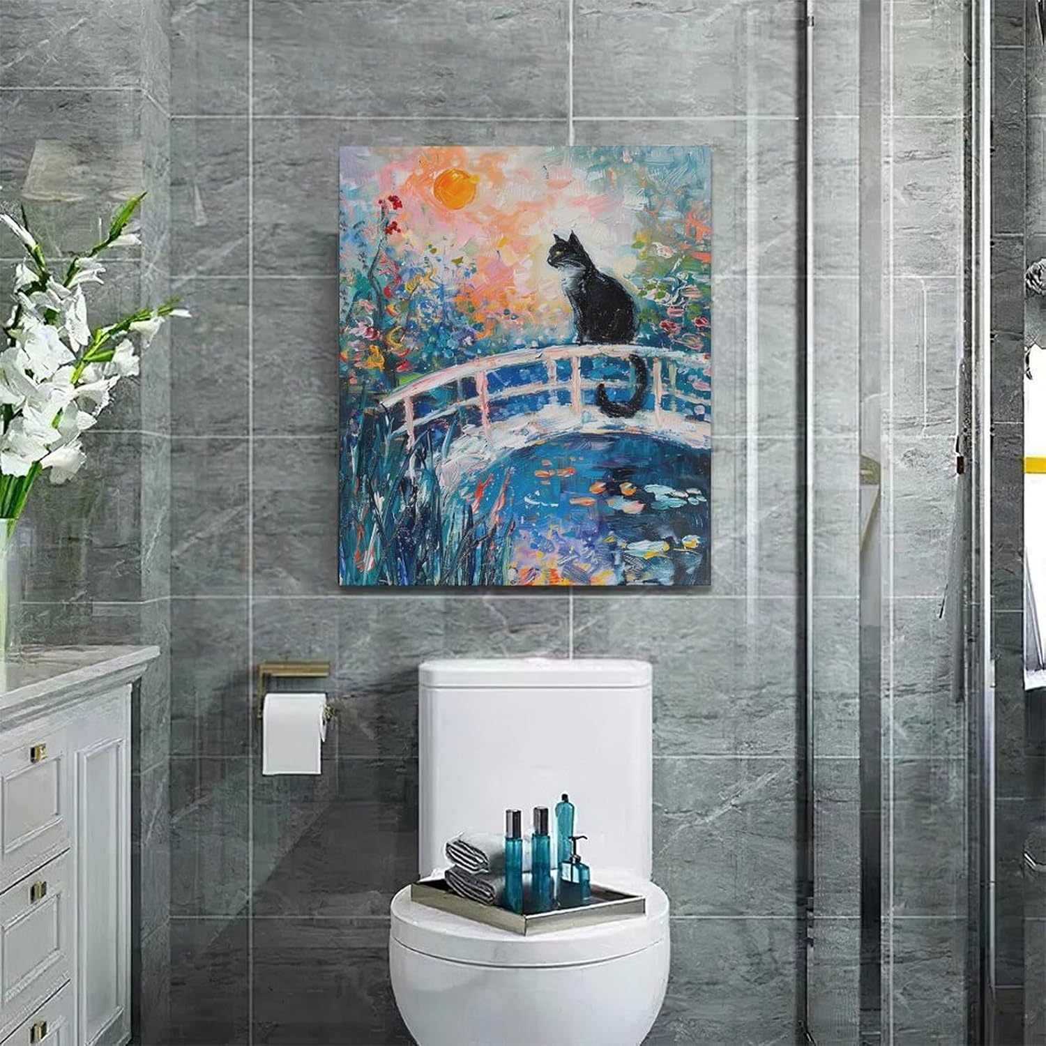 Quorin Black Cat Wall Art Water Lily Sunset Pictures Cat Wall Decor Impressionism Canvas Print Painting Artwork for Bathroom Living Room Bedroom 20"x24"