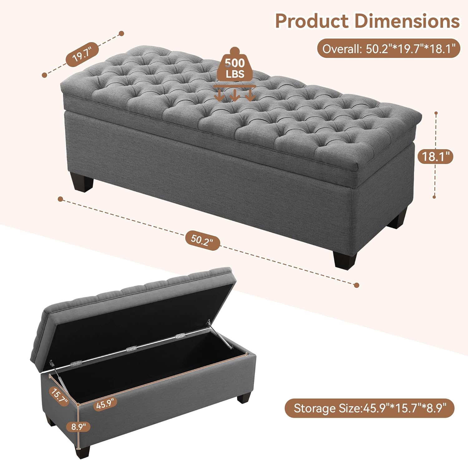51" Fabric Storage Ottoman Bench, Upholstered Rectangle End of Bed Storage Ottoman Tufted Living Room Bedroom Bench with Safety Hinge, Solid Wood Legs, Loads 500 lb(Dark Grey)