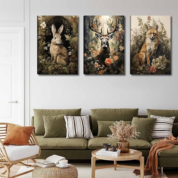 3pcs Vintage Forest Animal Canvas Wall Art Wild Animal Deer Rabbit Fox Paintings Pictures Dark Academia Wall Decor Gothic Botanical Posters Print Artwork for Living Room Office Decor 16x24in