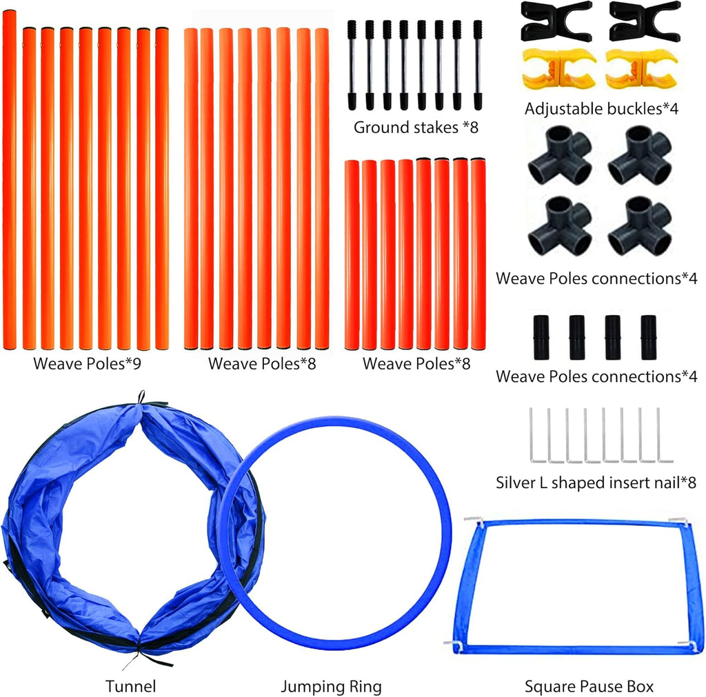 Dog Agility Training Equipment, Obstacle Agility Training Starter Kit for Doggie, Including Tunnel, 27 Weave Poles, Adjustable Hurdle, Jump Ring, Pause Box and Carrying Bag(Blue,L)