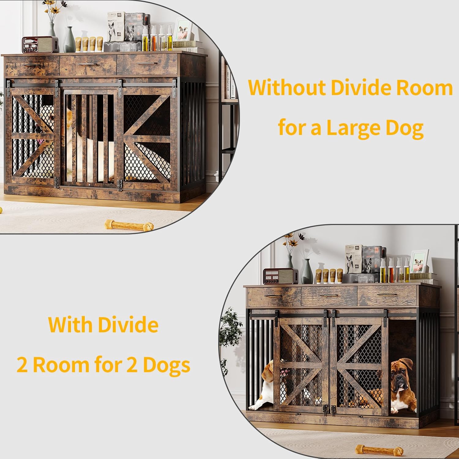 48'' Dog Crate Furniture with Removable Divider & Storage Drawers, Wooden Double Dog Cage TV Stand with 2 Sliding Barn Doors, Multi-Functional Dog Crate End Table for Indoor use (Retro Brown)