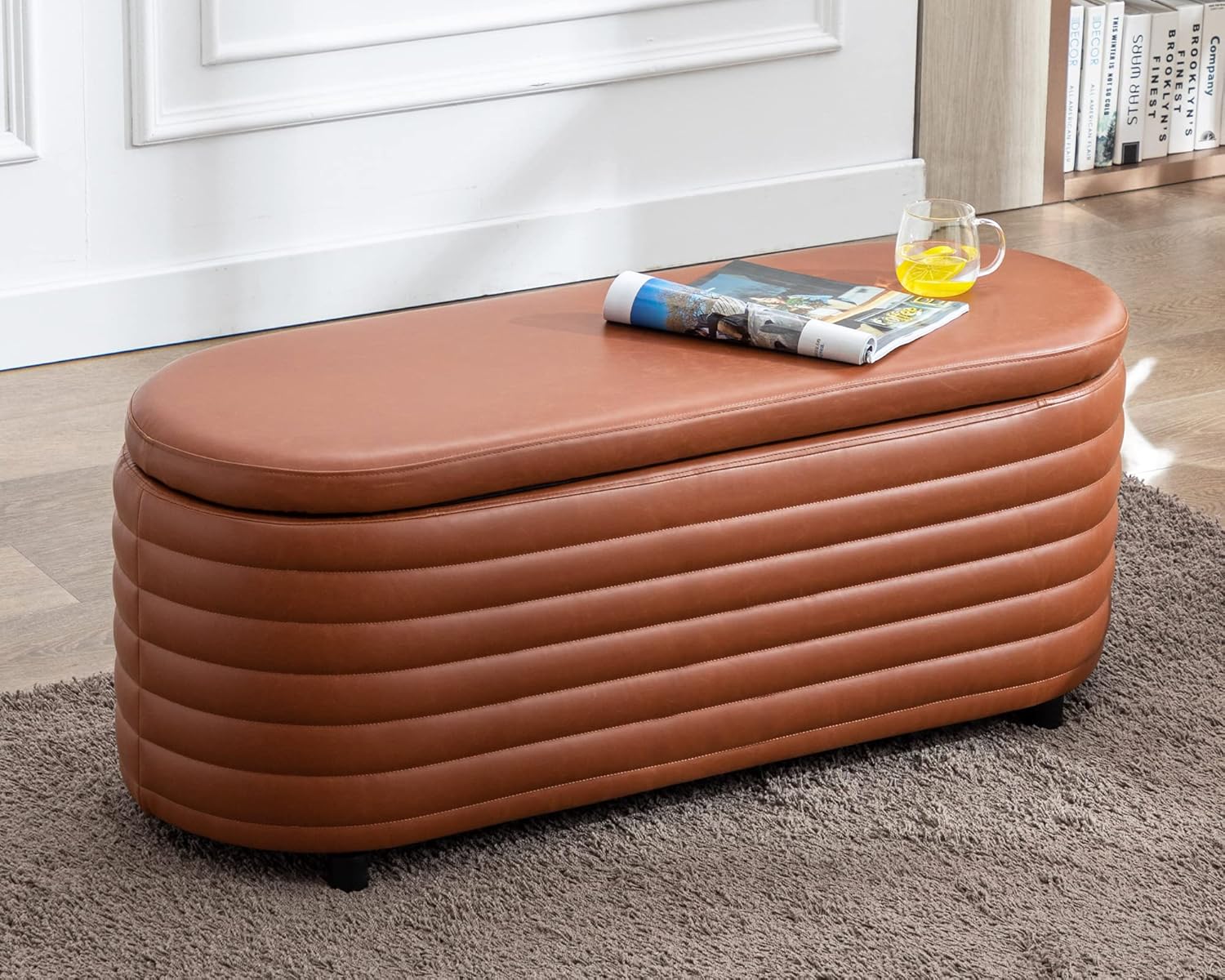 Storage Ottoman Bench Upholstered PU Leather End of Bed Stool with Safety Hinge for Bedroom, Living Room, Entryway (44.5-inch, Brown), TN2436