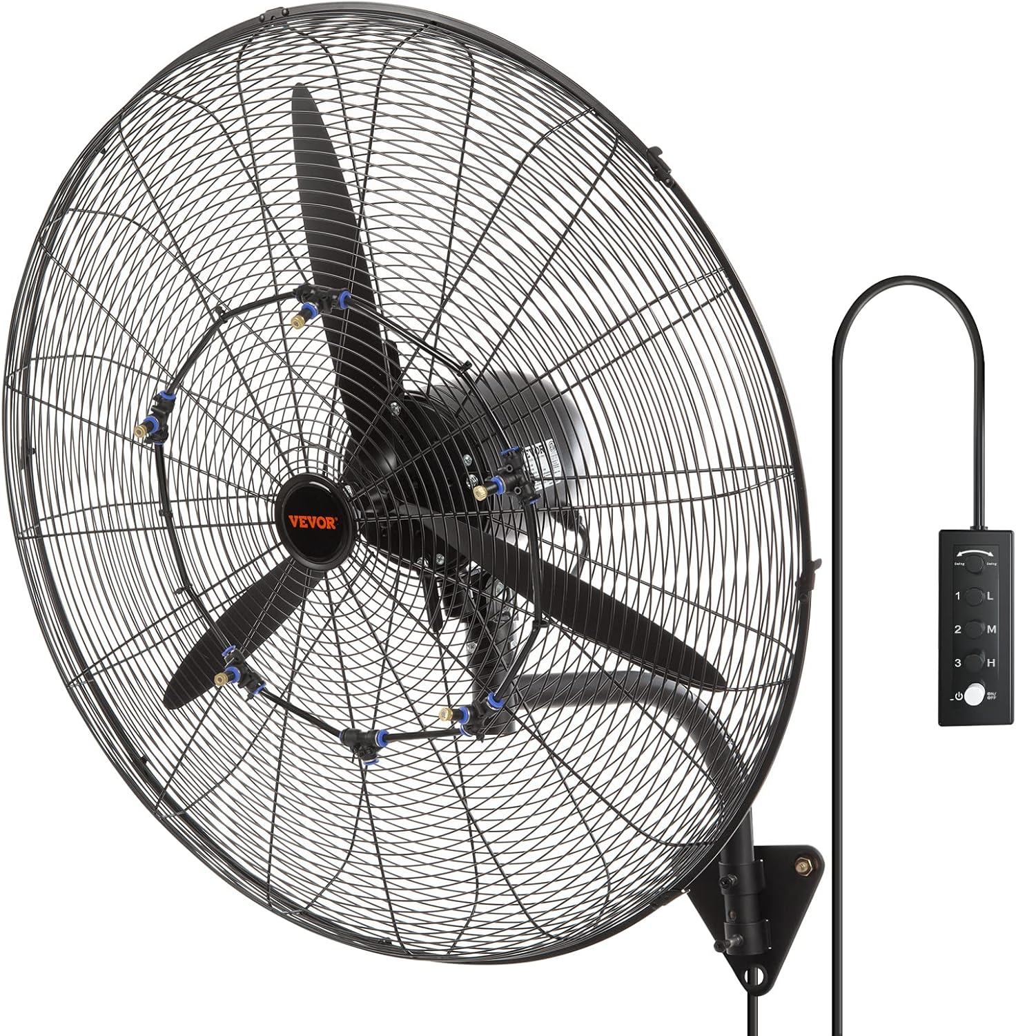VEVOR 30 Inch Wall-Mount Misting Fan, 3-speed IP44 Waterproof Oscillating, Max. 9500 CFM Wall Mounted Fan for Outdoor, Commercial, Residential, Greenhouse, Workshop, Patio, Black, ETL Listed