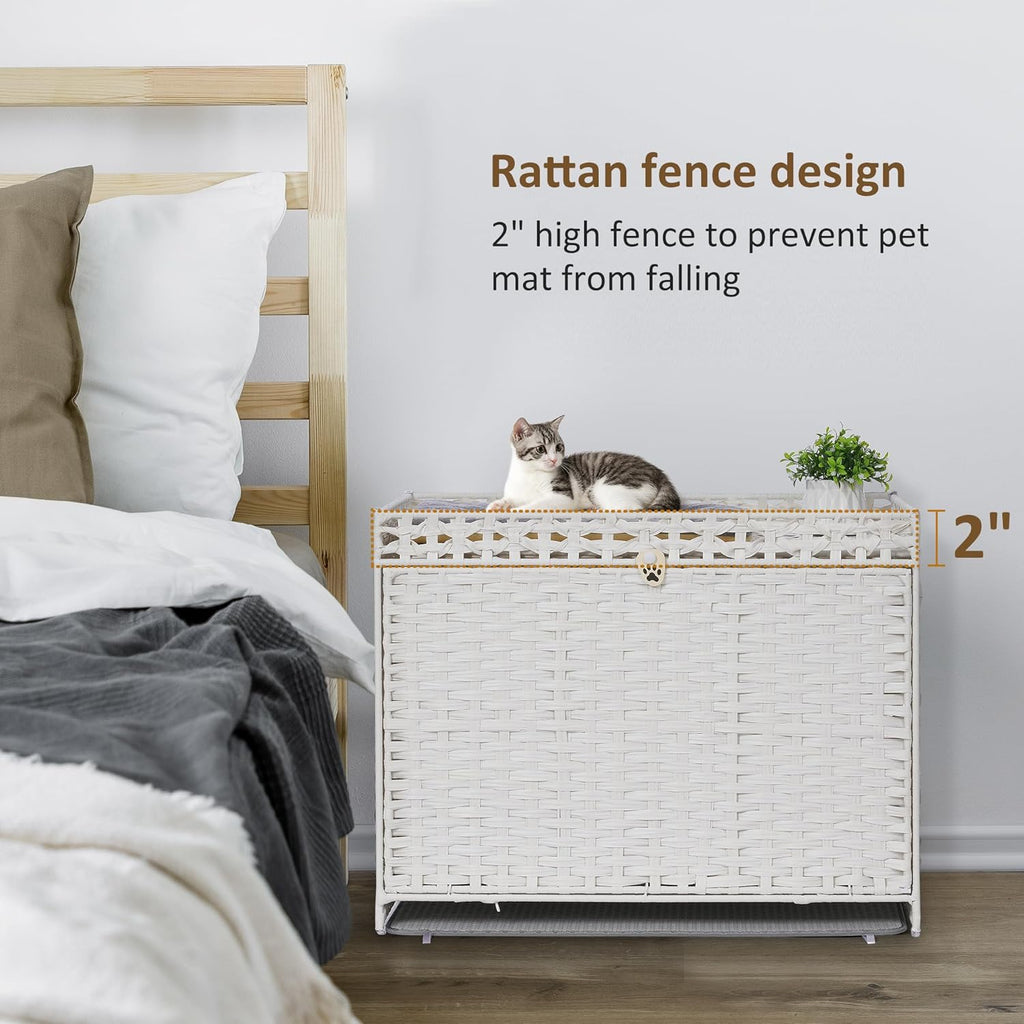Cat Litter Box Enclosure with Soft Litter Mat; Hidden Cat Washroom Furniture with Door; Handwoven Rattan Cat House with Large Space; Pet Crate for Living Room, Bedroom, Balcony (White)