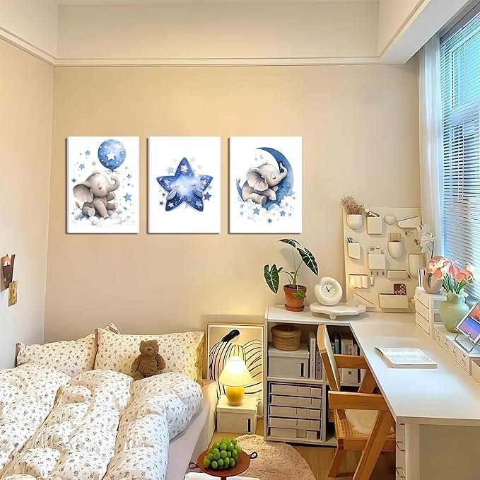 Baby Boy Nursery Canvas Wall Art Set of 3, Blue Elephant Moon and Stars Picture Wall Decor Painting, Cute Animal Baby Girl Nursery Posters Prints for Kids Room Bedroom 12x16 In Framed
