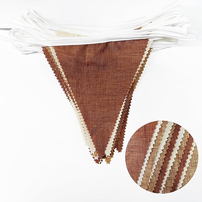 32Ft Brown Party Decorations Boho Pennant Banner Fabric Triangle Flag Linen Bunting Garland Streamers for Woodland Teddy Bear Baby Shower Jungle Safari Birthday Home Nursery Outdoor Garden Decor