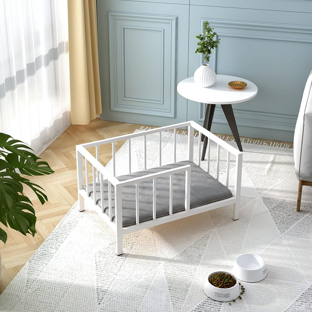 Dog Bed with Rails - Elevated Pet Metal Bed Frame with Solid Wood Board and Washable Soft Mat for Small Dog Indoor or Outdoor Use, 21.3" x 30 ", White