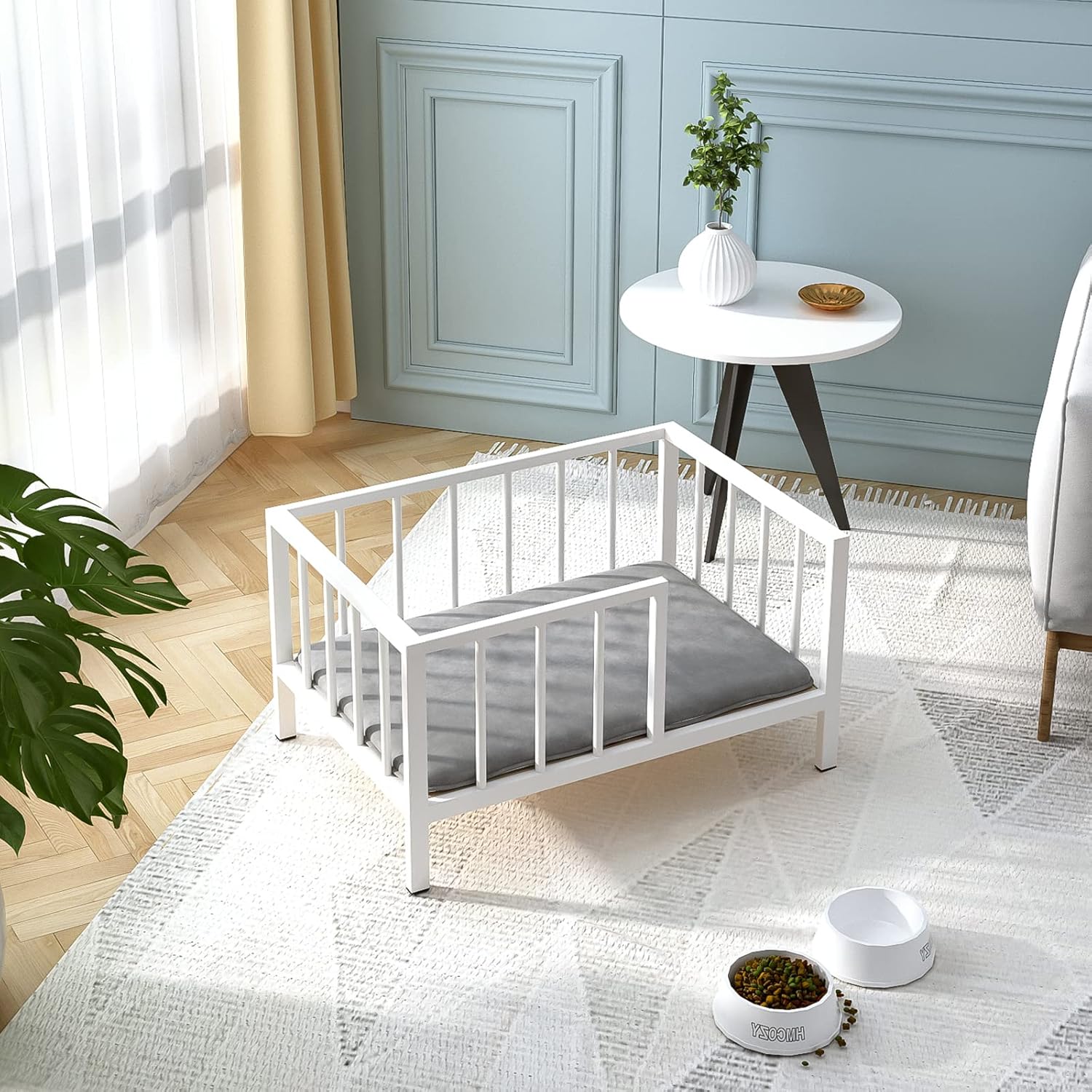 Dog Bed with Rails - Elevated Pet Metal Bed Frame with Solid Wood Board and Washable Soft Mat for Small Dog Indoor or Outdoor Use, 21.3" x 30 ", White
