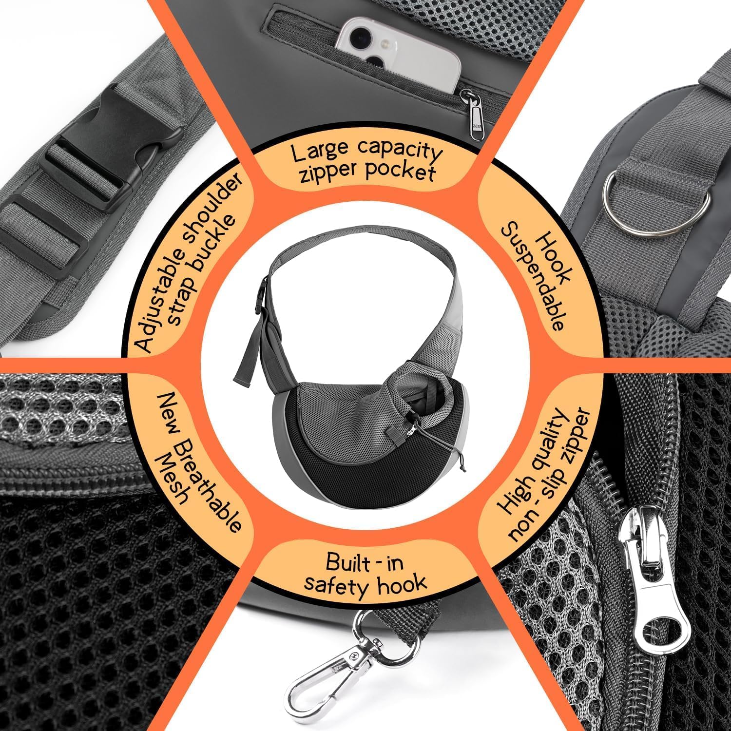 YUDODO Pet Sling Carrier for Small Dogs & Cats – Hands-Free Puppy Carrier with Safety Hook, Large Zipper Pocket, Soft Breathable Mesh, Adjustable Strap & Reflective Strip (Black 1.0 M)