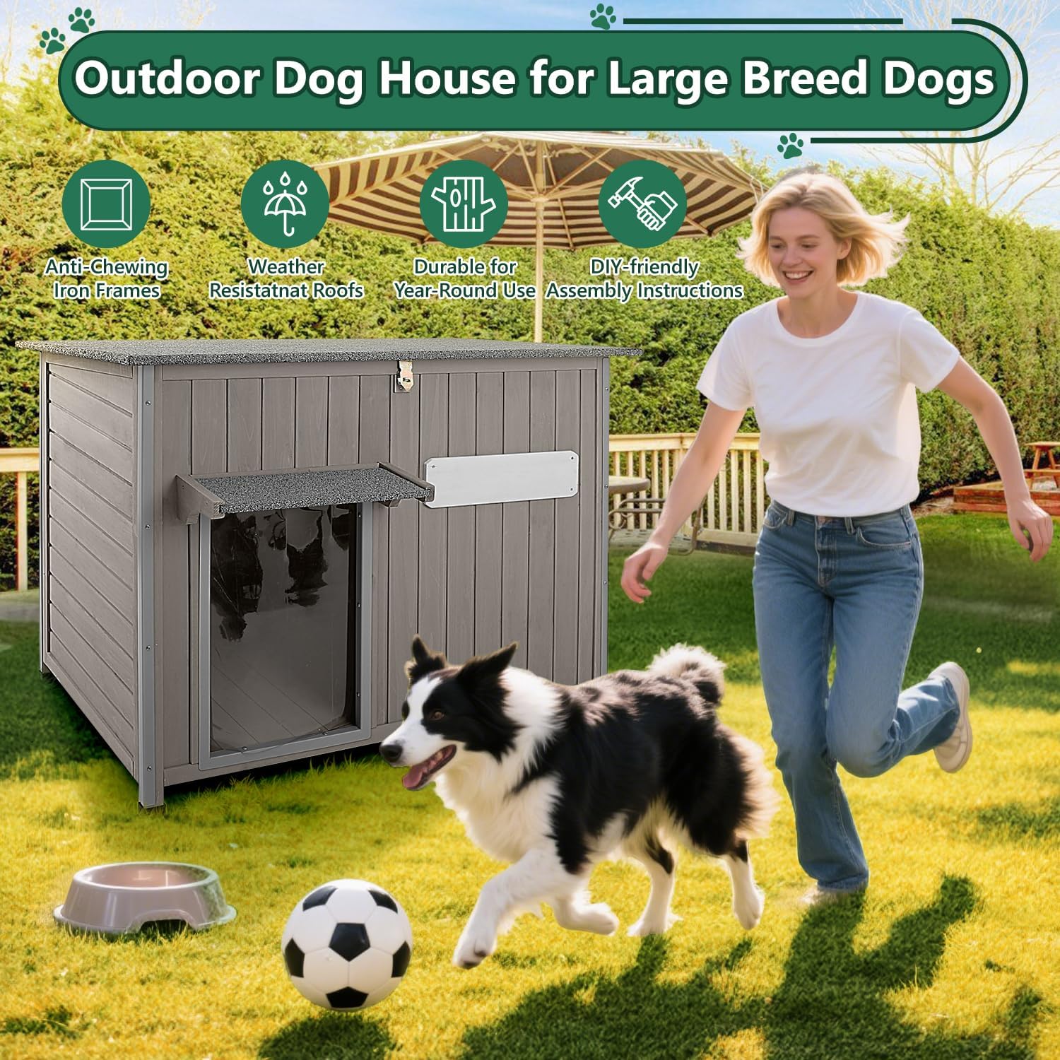 43.3" L Large Outdoor Dog House Weatherproof Doghouse for Medium to Large Dogs with Anti Bite Frames Wooden Dog Kennel with Window,8 Elevated Feet,Reinforced Bottom for Pet Up to 180 LBS