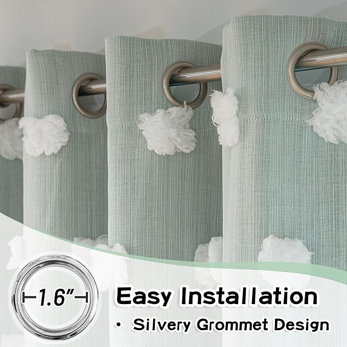 MYSKY HOME Aqua Living Room Curtains Kids Curtains for Boys Bedroom 84 Inches Long Double Layer Curtains for Kids Room Darkening Grommet White Pom Pom Sheer Blackout Curtains 52 x 84 Inch 2 Panels