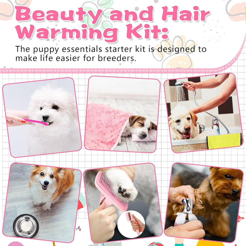 65 Pcs Puppy Supplies Starter Kit Small Dog Essentials Includes Dog Leash, Toys, Bowl, Brushes, Water Bottles, pet Blankets Puppy Accessories for New Welcome Gift Supplies(Cute,Pink)