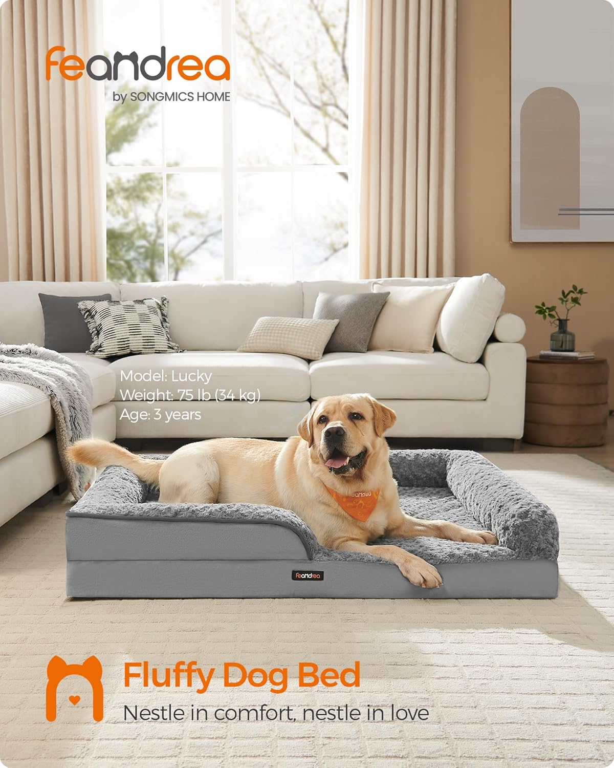 Feandrea Orthopaedic Dog Bed for Large Dogs, Waterproof Dog Sofa Bed with Removable Washable Cover, 42 x 32 x 7 Inches, Dove Gray UPGW253G01
