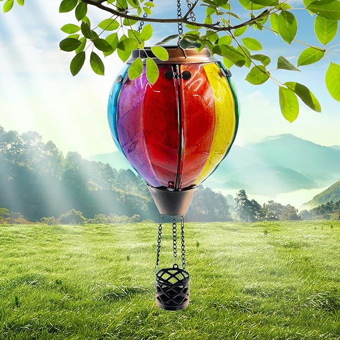 Glass Solar Hot Air Balloon Lantern with Flame Hanging Garden Flickering Light Outdoor Waterproof for Yard Patio Tree Mother's Day Gift, Colorful