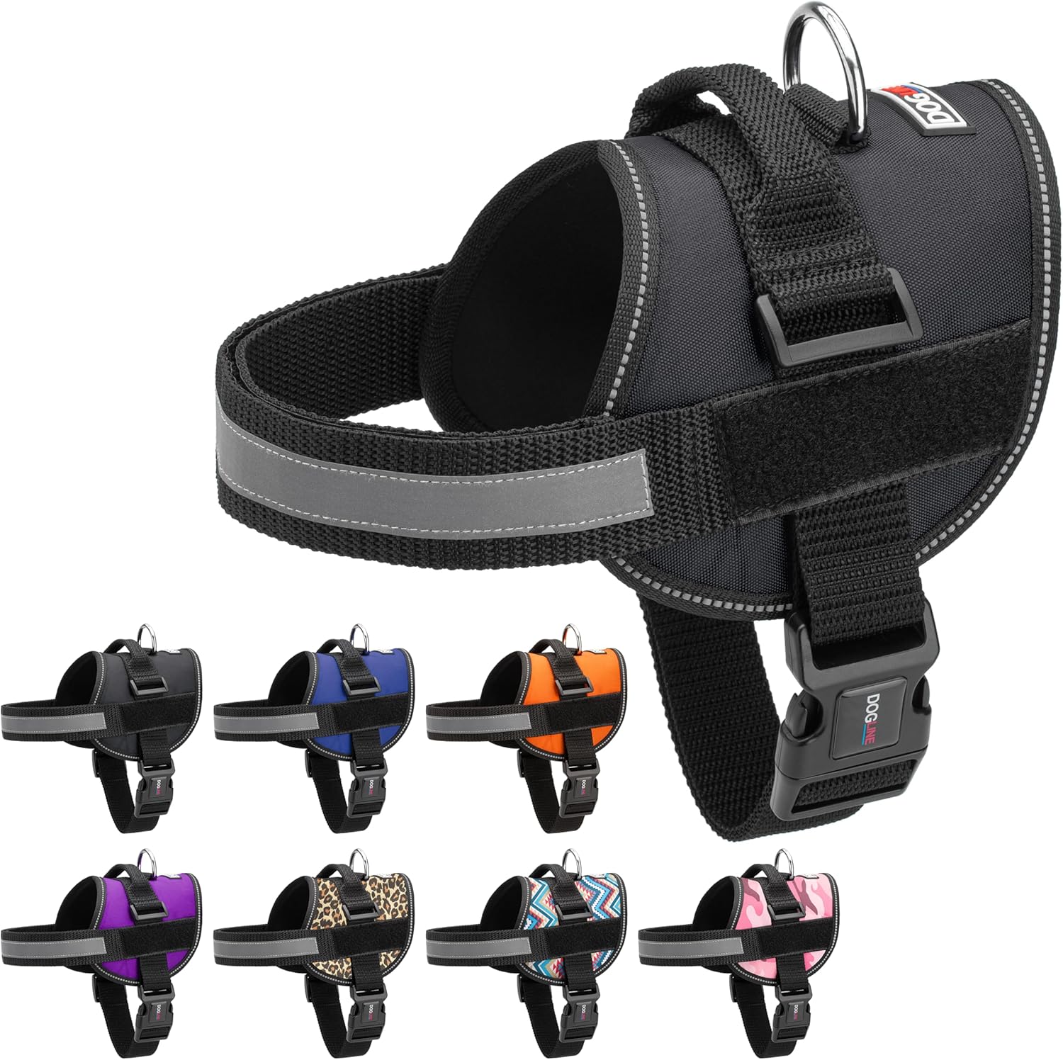 Dogline Dog Harness, Reflective No-Pull Adjustable Vest with Handle for Walking, Training, Breathable, No - Choke Harness for Small, Medium or Large Dogs Room for Patches Girth 22"-28" in Black