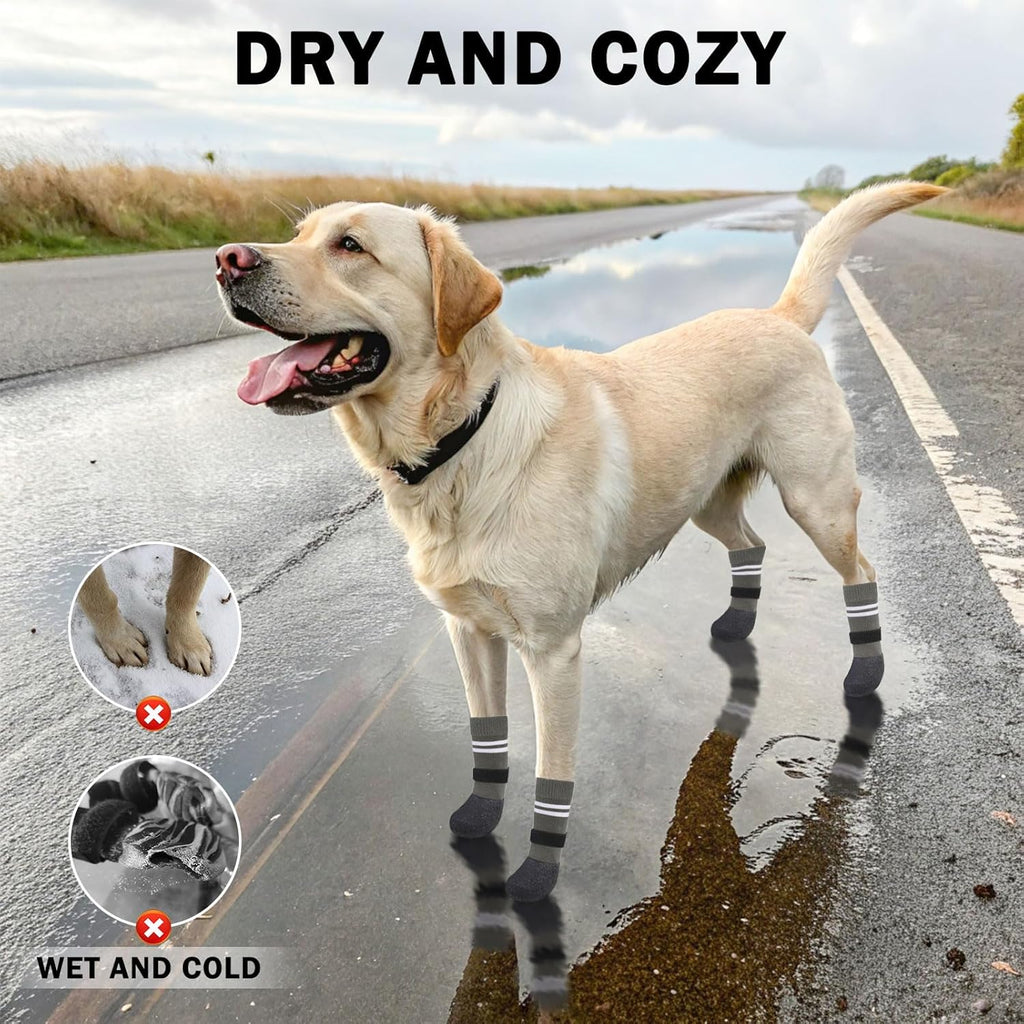 SCENEREAL Anti Slip Dog Boots & Paw Protectors for Hardwood Floor, Extended Dog Socks to Prevent Licking Paws, Waterproof Pet Snow Rain Shoe for Winter Medium Senior Dogs, Grey M