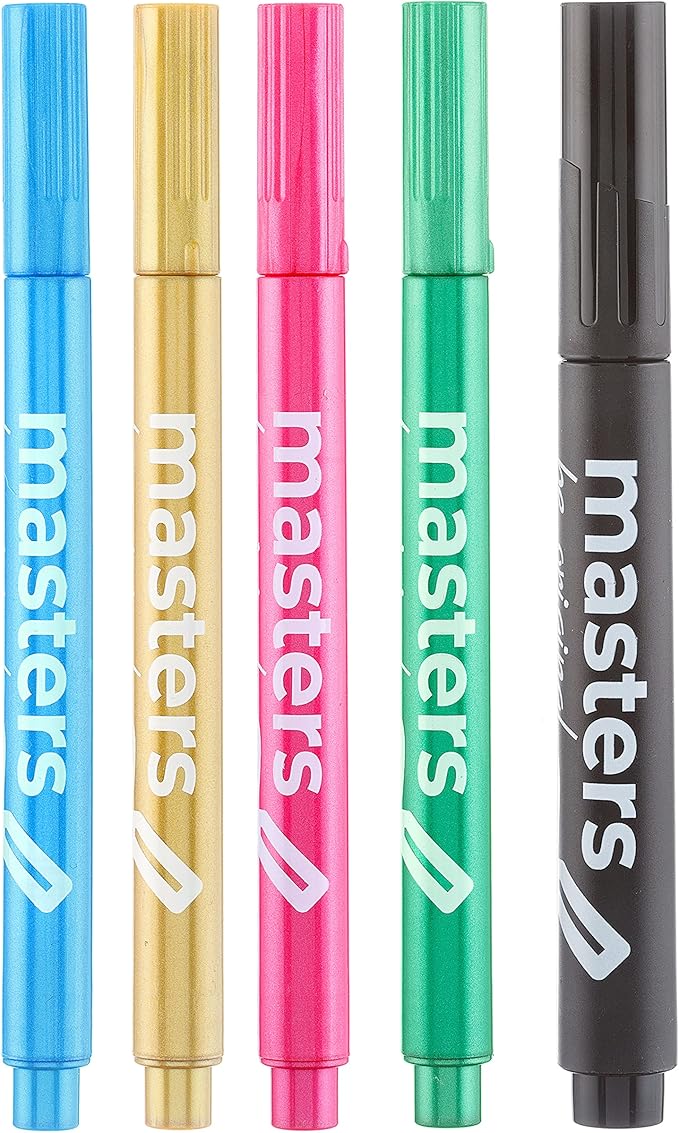 Washable Beverage Markers Set | Non-Toxic, Erasable Ink Writing on Cold Drinks, Bottles, Plastic Cups, Mirrors | 4 Assorted Metallics, 1 Black Oil-Based Pen, Sticker Labels, Metallic
