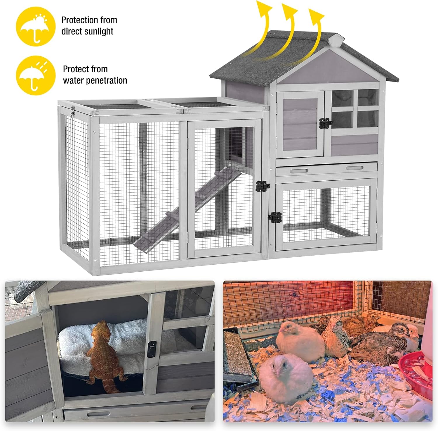 Aivituvin Rabbit Hutch Indoor Bunny Cage Outdoor with Run Chicken Coop Guinea Pig House with Waterproof Asphalt Roof,No Leakage Pull Out Tray (103.2" L x 25.2" W x 36.2" H, Grey-2 Sets)