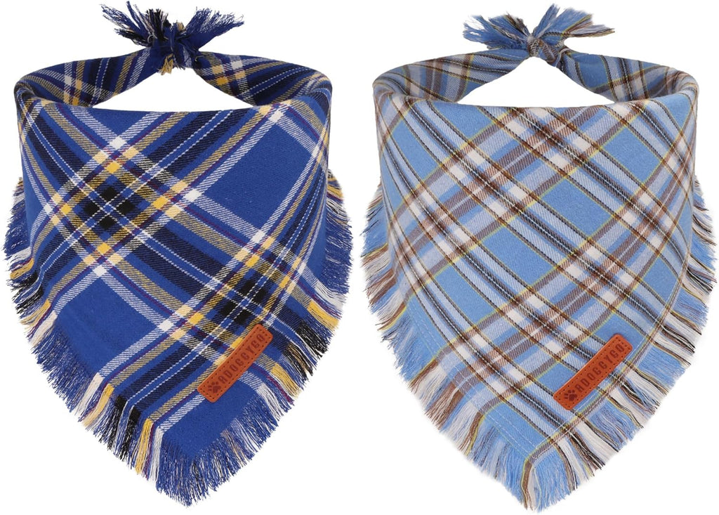 ADOGGYGO Dog Bandanas Boy with Tassels Edges, Stylish Blue Plaid Pet Scarf, Soft Cotton Fabric, Adjustable Reversible Plaid Bandanas for Medium Large Dogs (Large)