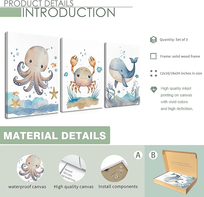 Ocean Nursery Wall Art Set of 3, Sea Animal Baby Boys Room Canvas Wall Decor Paintings, Watercolor Ocean Kids Nursery Posters Prints Pictures for Boys and Girls Room, Bedroom 12x16 Inch Framed