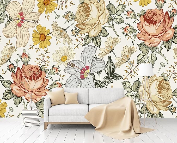 Vintage Floral Wallpaper Pink and Yellow Peony Flower Wall Mural for Living Room Bedroom（Not Peel and Stick）