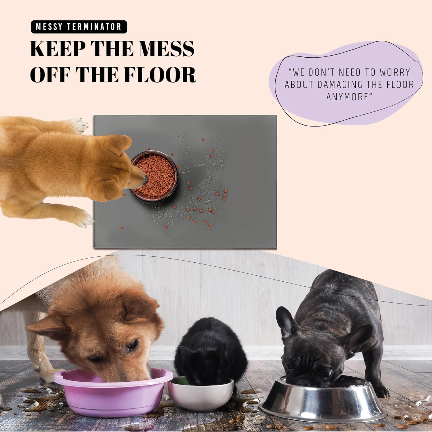AVERYDAY 23x16'' Silicone Dog Mat for Food and Water, 0.63'' Edge Dog Food Bowl Mats for Floor Waterproof, Dogs Water Mat for Sloppy Drinker, Non Slip Rubber Pet Feeding Mats for Indoor Dogs and Cats
