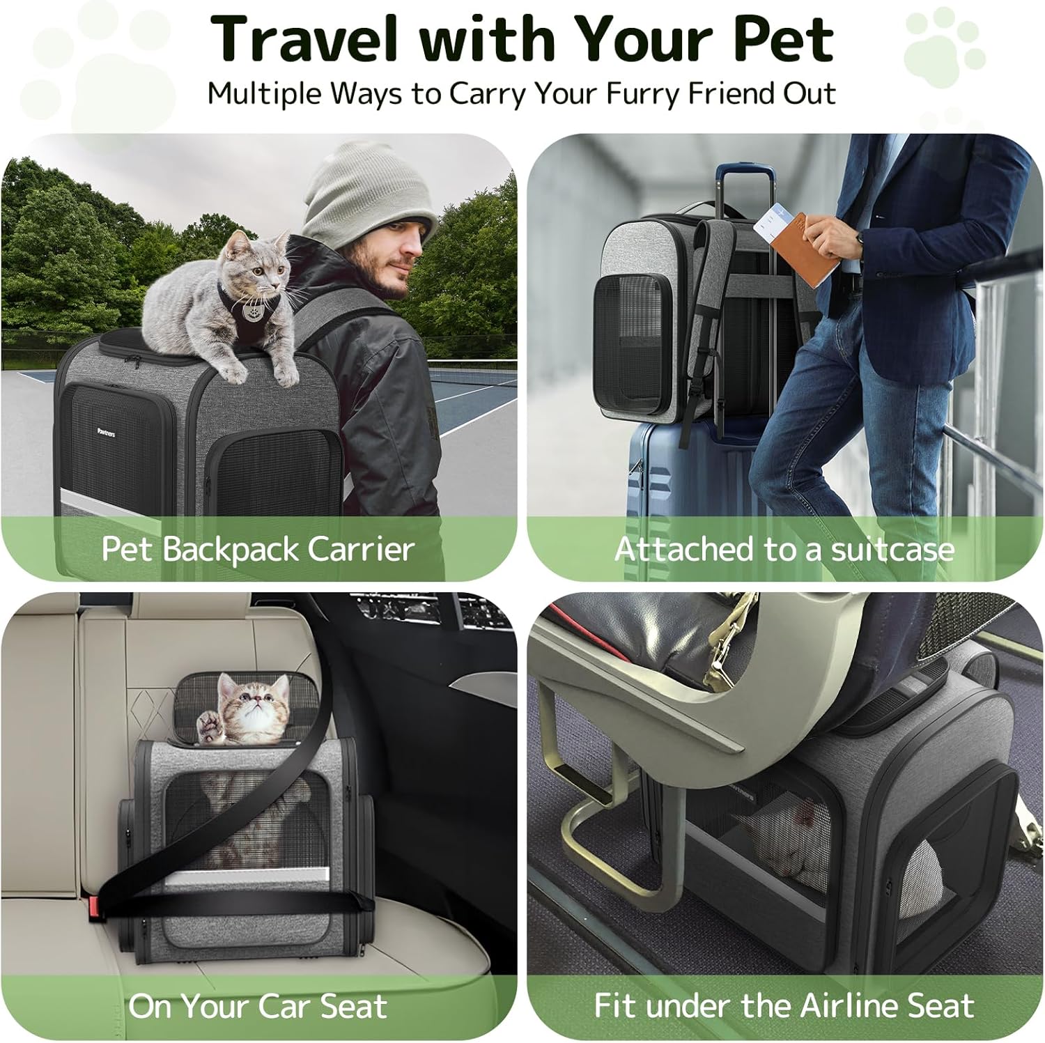 Pawtners Cat Carrier Backpacks Expandable Cat Backpack with Breathable Mesh, Pet Carrier Backpack for Cats Small Dogs Puppies Up to 18 Lbs, Dog Carrier Backpack for Travel Hiking Camping Outdoor