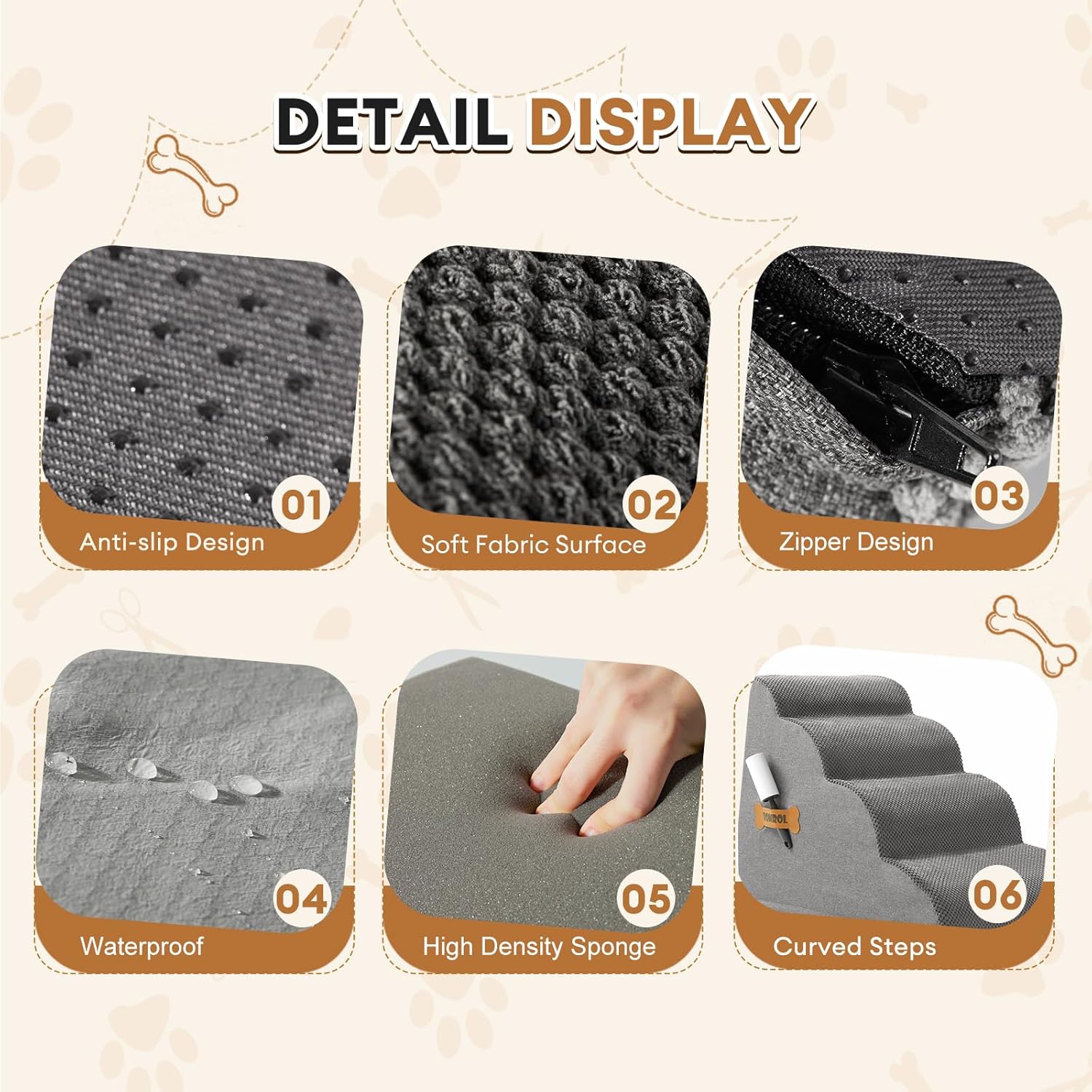Dog Stairs, Romrol Dog Steps Ramp for High Bed and Couch, Dogs Ramp with Durable Non-Slip Waterproof Fabric Cover, Pet Stairs for Small Dogs and Cats or Pets Joints, 4-Tiers,Grey