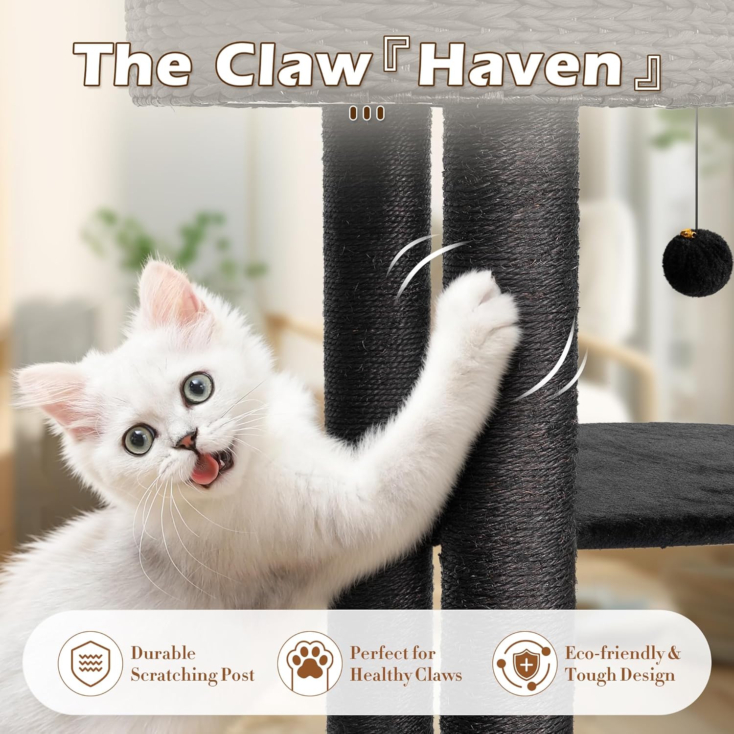 KAMABOKO Modern Cat Tree, 39" Tall Cat Trees for Indoor Cats, Cat Condo Natural Sisal with Scratching Posts, Hand-Woven Tower & Top Perch, Cat-Tree for Kittens Climb Play & Rest Black