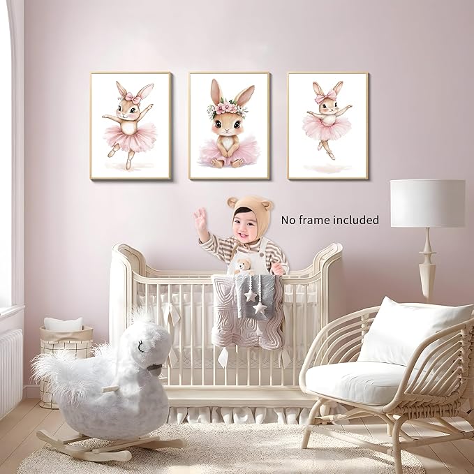 Kusag Baby Girl Nursery Posters Wall Decor, Easter Nursery Canvas Wall Art Paintings Set of 3, Cute Animal Pink Bunny Prints Pictures for Boys and Girls Room, Bedroom, Home Decor 12x16 In Unframed