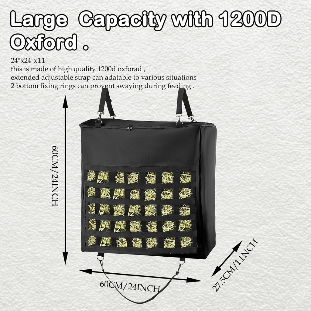 1Pcs Hay Bag for Horse,1200D Oxford Fabric Slow Feed Bags with Front Hay Nets Design and Heavy Duty Zipper Large Top Load Feeding Bag for Horses and Livestock,Black