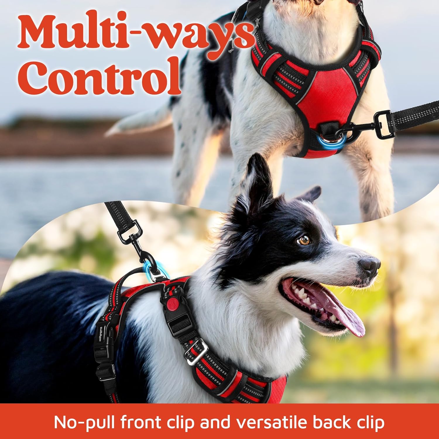 rabbitgoo Dog Harness for Large Dogs, No Pull Pet Vest with 3 Buckles, Adjustable Soft Padded Pet Harness with Easy Control Handle and Reflective Strips, Red, L