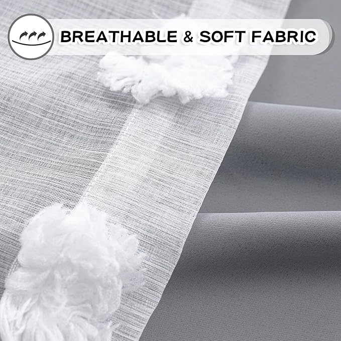 MYSKY HOME Grey Curtains for Bedroom - 54 Inch Long, Double Layer, White Pom Pom, Sheer, Grommet, Darkening, Small Window, 2 Panels, 52 x 54 in