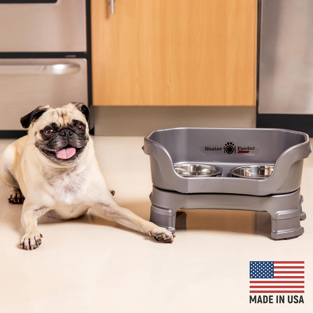 Neater Feeder Deluxe Mess Proof Dog Bowls Elevated for Small Breeds – Made in USA – No Spill Raised Dog Food Bowl Stand w/Leg Extensions – Stainless Steel Dog Food and Water Bowl Set – Grey