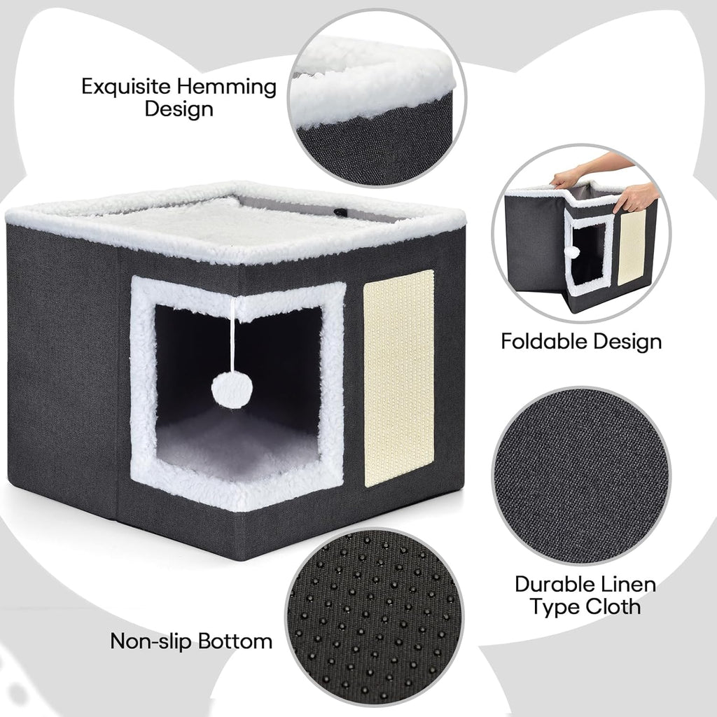 petizer Cat Bed for Indoor Cats, Large Covered Cat House with Scratch Pad, Foldable Cat Cave Bed & Hideaway Cube with Reversible Cushions, Cute Cat Condo for Multi Small Pet Kitten (Blue)