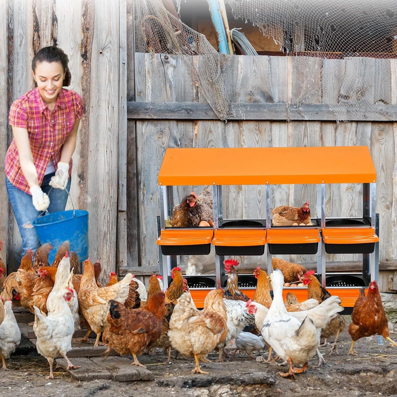 Chicken Nesting Boxes, 8 Hole Metal Chicken Laying Box with with Removable Trays and Roll Out Egg Collection for Chicken Coop, with Metal Bracket, Orange