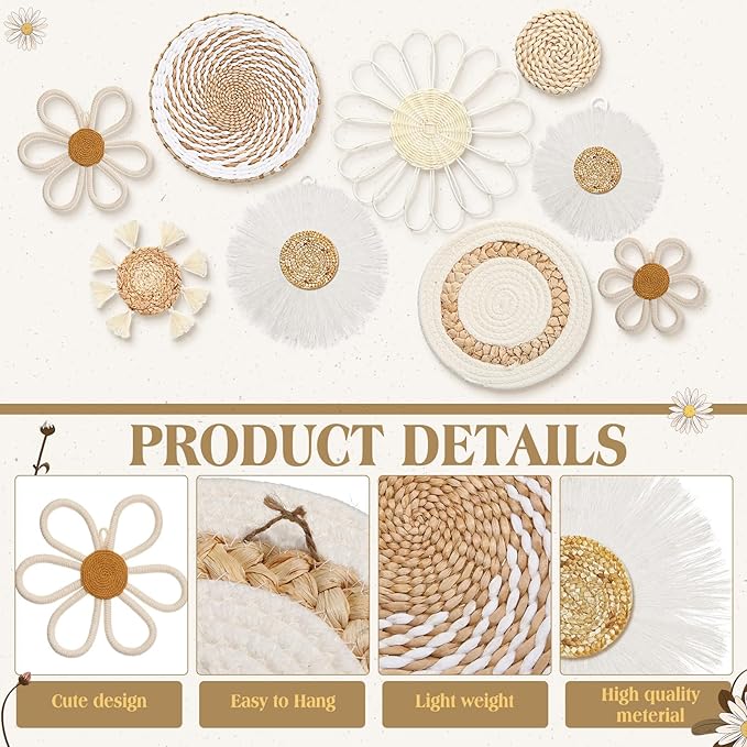 Chunful 9 Pcs Boho Nursery Wall Decor Daisy Flower Woven Macrame Seagrass Rattan Basket Wall Hanging Bohemian Decorations Gifts for Home Dorm Art Farmhouse Bedrooms Living Room(White)