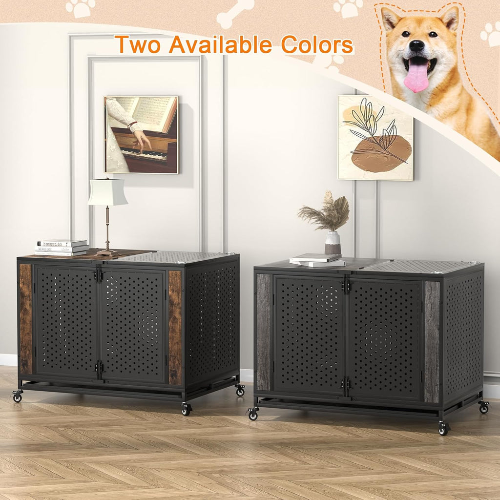 42" Heavy Duty Dog Crate Furniture for Medium and Large Dogs, Enclosed Design with 0.5 inch Holes, Indestructible Metal Kennel for High Anxiety Dogs, Chew Proof Indoor Pet House Cage, Gray