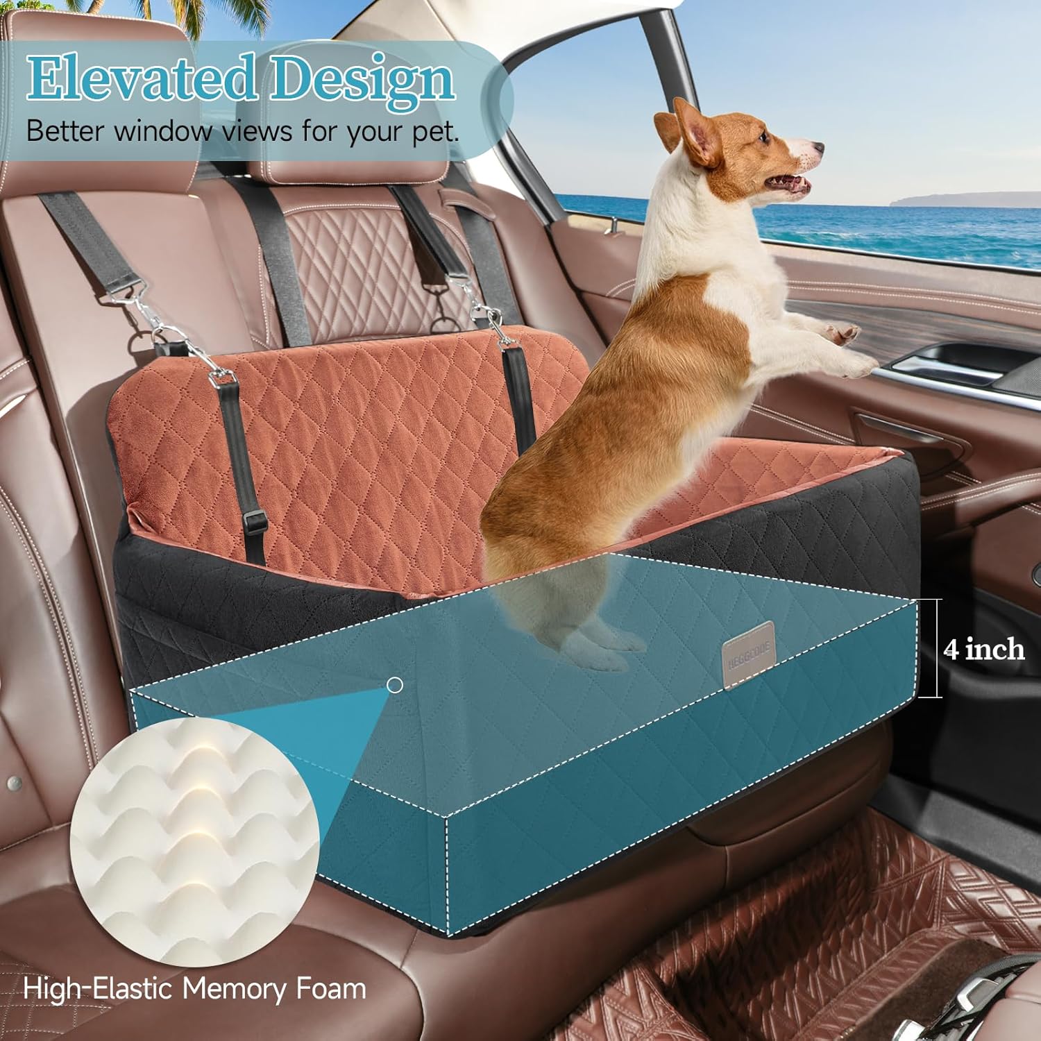 Dog Car Seat for Medium/Large Dogs, Pet Booster Seat for Under 55 lbs or 2 Small Dogs, Detachable & Washable Dog Car Bed for Backseat with 2 Safety Leashes(Black/Brown)