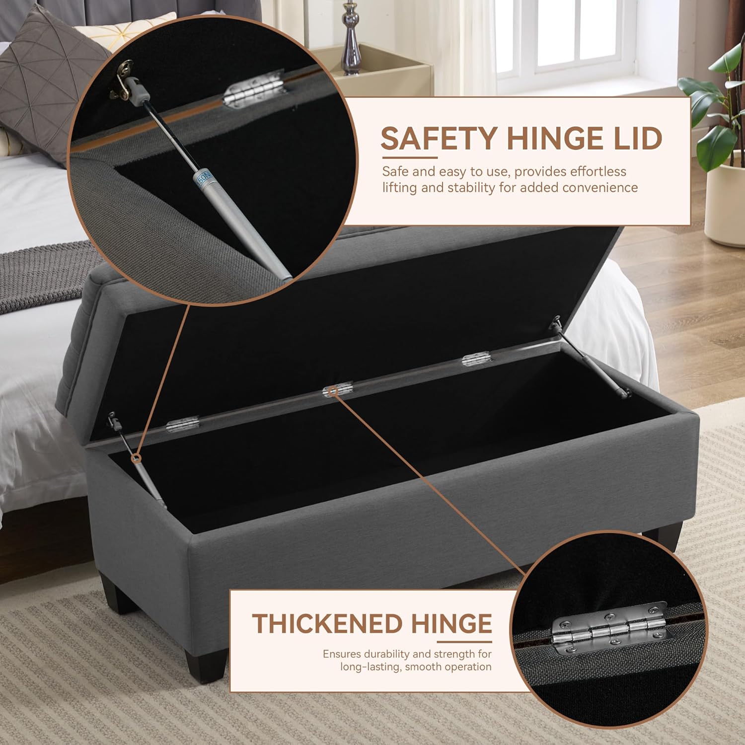 51" Fabric Storage Ottoman Bench, Upholstered Rectangle End of Bed Storage Ottoman Tufted Living Room Bedroom Bench with Safety Hinge, Solid Wood Legs, Loads 500 lb(Dark Grey)