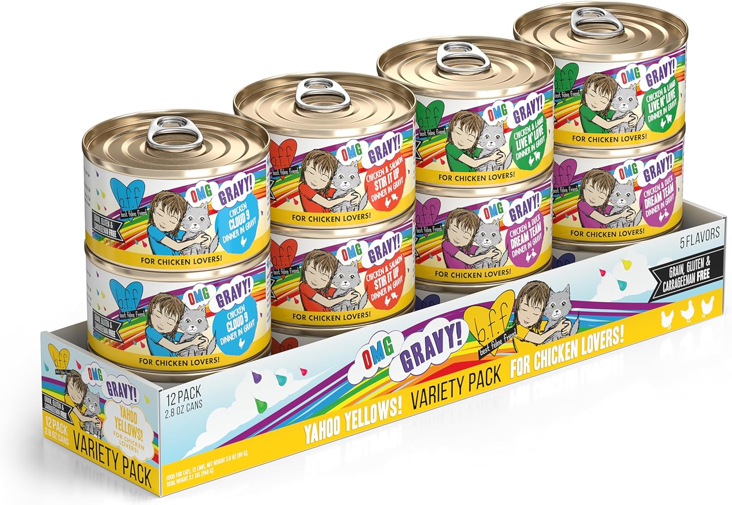 Weruva B.F.F. OMG - Best Feline Friend Oh My Gravy, Yahoo Yellows Variety Pack, 2.8oz Can (Pack of 12)