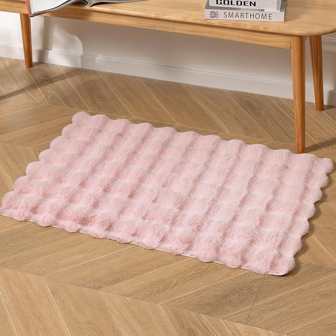 Ashler Faux Rabbit Fur 3D Bubble Rect Rug, Soft Pink Fluffy Shaggy 2x3 FT Carpet, Machine Washable for Living Room, Bedroom & Nursery - Fuzzy Rectangle Area Rug