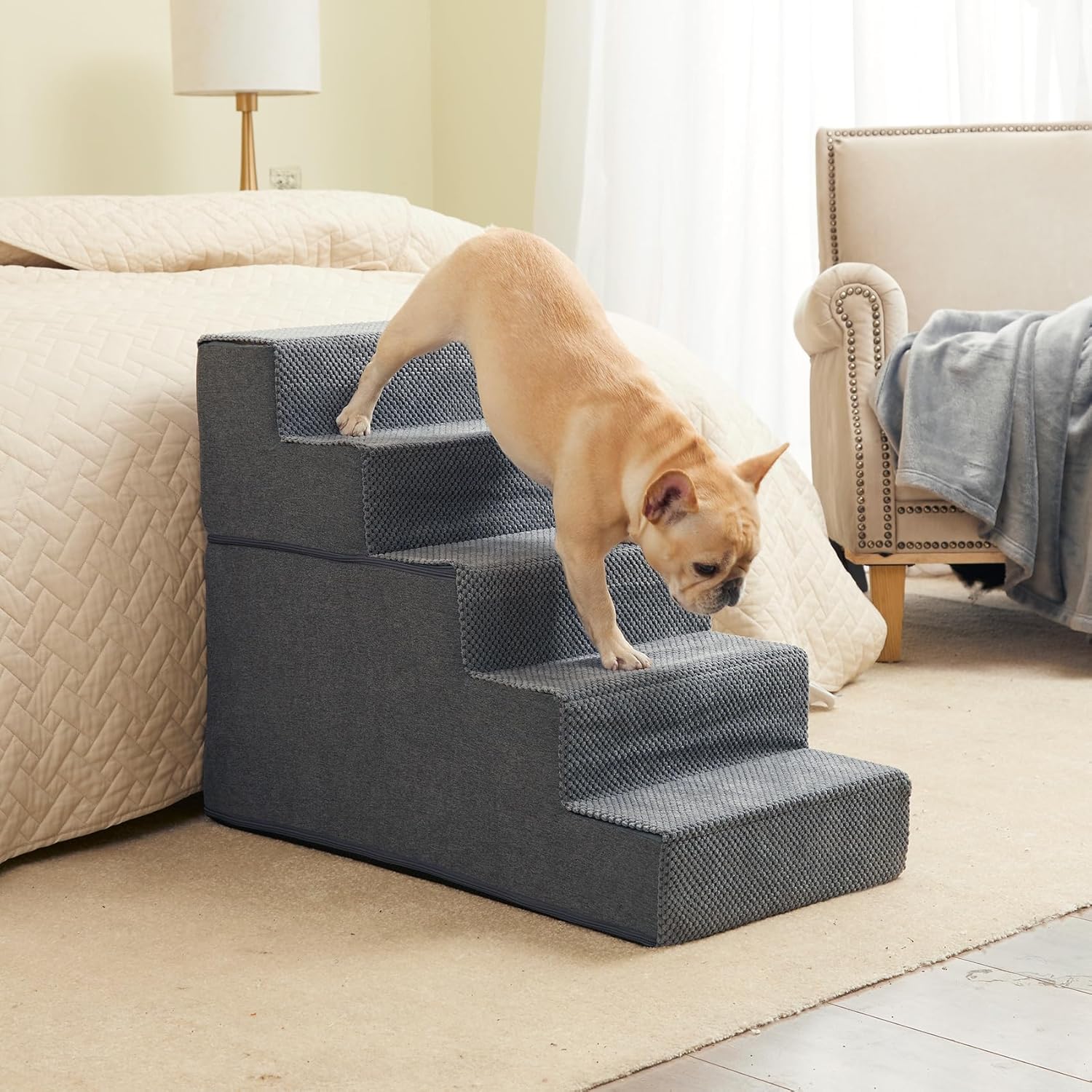 EHEYCIGA Dog Stairs for High Bed 22.5" H, 5-Step Dog Steps for Bed, Pet Steps for Small Dogs and Cats, Non-Slip Balanced Pet Ramp Indoor, Grey