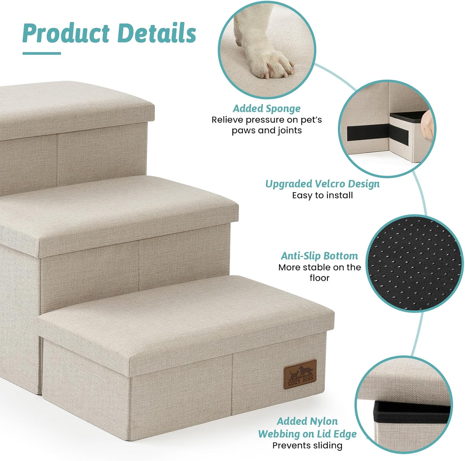 Dog Stairs with Storage, 3-Step Wider Sturdy Dog Steps for Small/Medium/Large Dogs and Older Cats, Folding Doggie Ramp for Bed/Couch/Car Hold Up to 180 lbs (16.7" H, Beige)