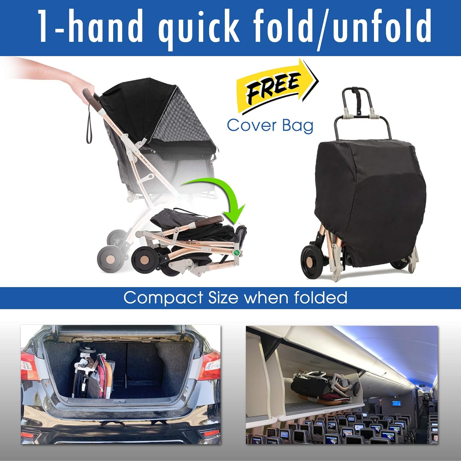Lite Premium Light-Weight Dog/Cat/Pet Stroller Travel Carriage with Convertible Compartment/Zipper-Less Entry/1-Hand Quick Fold/Aluminum Frame for Small & Medium Pets (Black 2nd-Gen.)