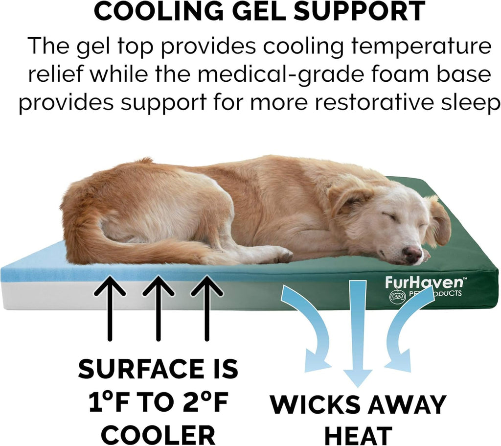 Furhaven Water-Resistant Cooling Gel Dog Bed for Large/Medium Dogs w/ Removable Washable Cover, For Dogs Up to 55 lbs - Indoor/Outdoor Logo Print Oxford Polycanvas Mattress - Forest, Large