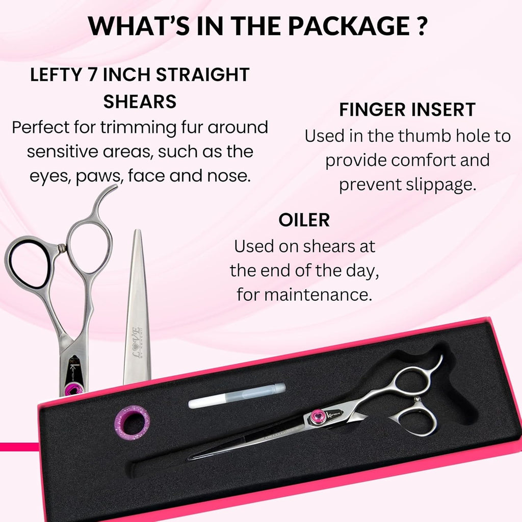 Kenchii Love Left Handed Dog Grooming Scissors, 7 Inch Straight Shears, Dog Scissors for Grooming, Professional Pet Grooming Scissors, Ergonomic & Comfortable