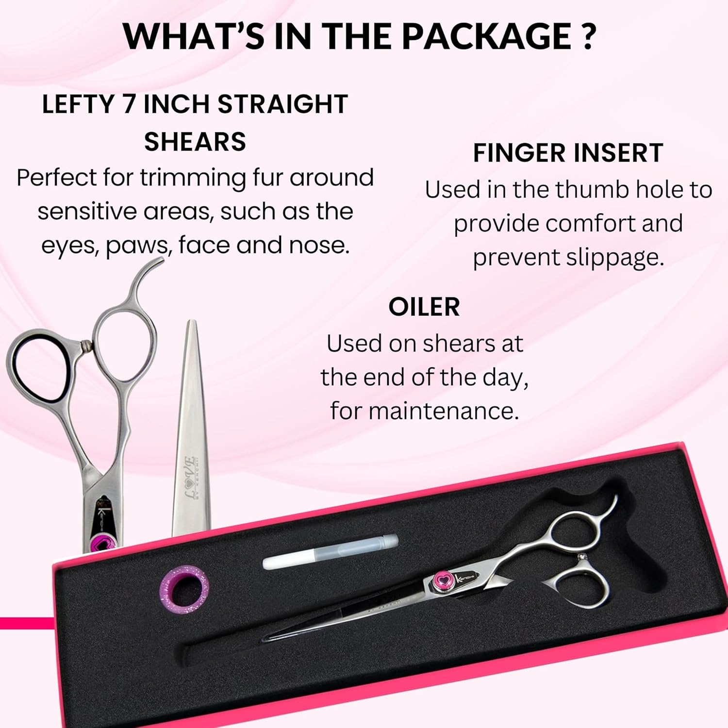 Kenchii Love Left Handed Dog Grooming Scissors, 7 Inch Straight Shears, Dog Scissors for Grooming, Professional Pet Grooming Scissors, Ergonomic & Comfortable